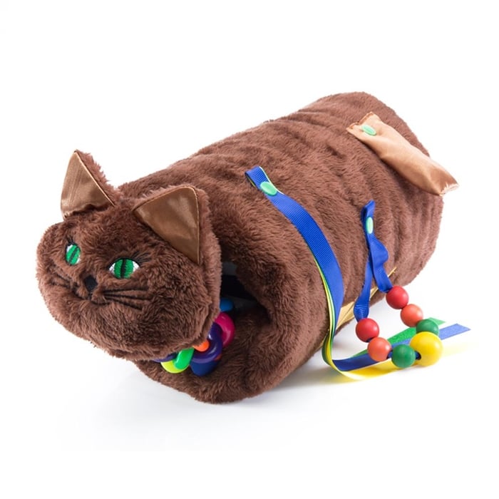 Plush cat muff with ribbons and beads dangling off its body for fidgeting.