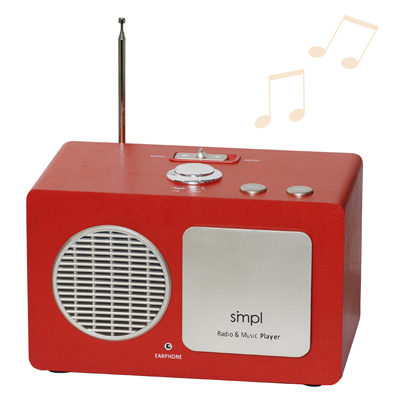 A radio/music player shaped like a simple box with a speaker facing forward and three buttons on top.