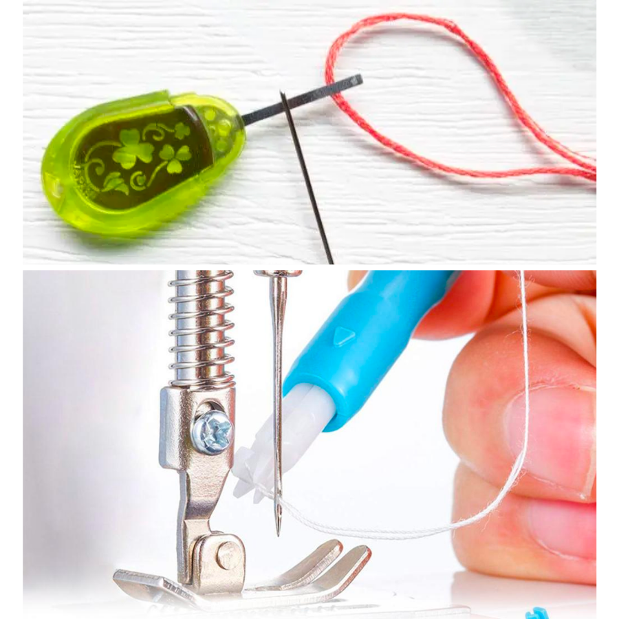 Close-up views of clover and machine needle threaders in the act of threading needles.