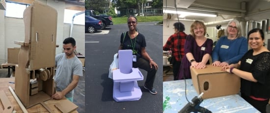 three images: 1) a man at a workbench with a large complicated unfinished project out of cardboard 2) a woman kneeling and smiling in a parking lot with a colorful seating creation with tray, 3) three women in a workshop with their hands resting on a cardboard project that is unfinished, glue gun in foreground.
