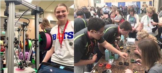 Left: a smiling young woman stands beside a table of several operating 3D printers. Right: two women seated at a table soldering with the help of two young men leaning over them. Beyond is a packed exposition hall.