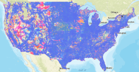 Map shows areas of spotty or non-existent 4G coverage in the western US, Appalachia, northern Maine and NY, as well as areas of the Midwest.