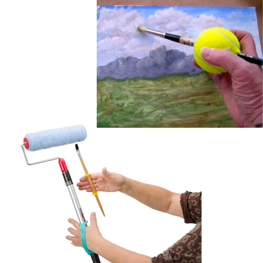 A hand painting a picture with a paintbrush adapted with a tennis ball for gripping. And two hands holding paint equipment using EasyHold straps.