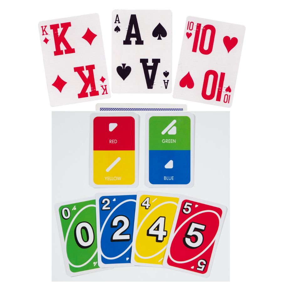Large print playing cards and Uno adapted for color-blindness.