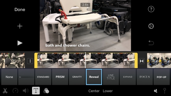 iMovie screenshot shows bath chair with title 