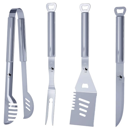 A set of four tools, all but the tongs have a loop for hanging, each with round metal handles.