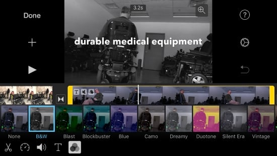 iMovie app screenshot shows app with video clip selected and color options open. B&W option is selected with man in power chair. Title on clip reads 
