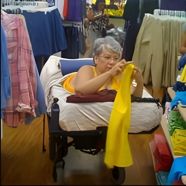 Woman clothes shopping while lying on her stomach using a custom made power mobility device.