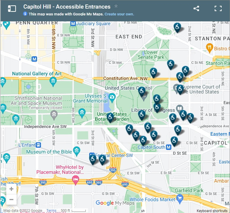 A Google map of Capitol Hill accessible entrances.