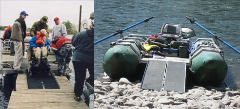 Two images. On the left is a wheelchair user backing onto a powerboat from a dock with assistance of ramps and friends. On the right is a cataraft with ramps leading from shore.