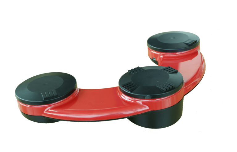 A foot device with three pads or peddles for selection positioned on a plastic half circle.