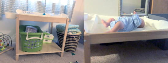Left photo shows a taller table with a shelf holding a hamper and supplies. The right picture shows a low table with padding and baby looking toward a mirror mounted behind.
