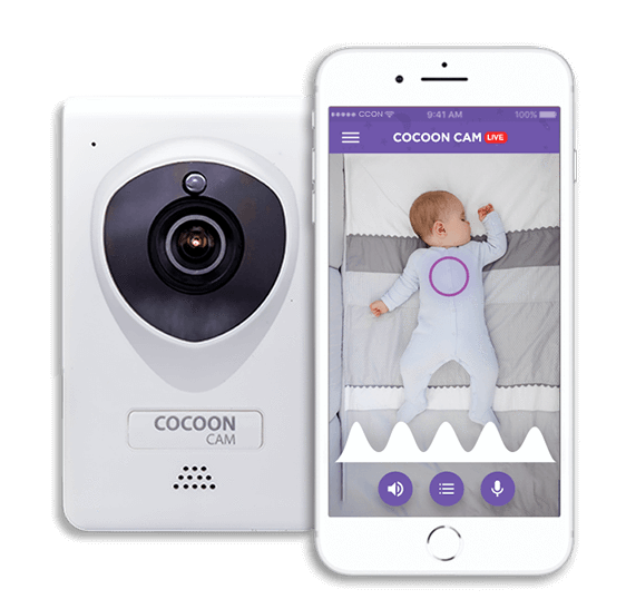 A camera and an iPhone with a cocoon cam app displayed. Shows a sleeping baby with waves underneath and a circle on baby's chest.