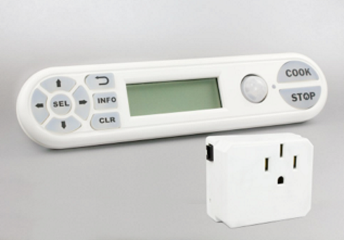 A device with buttons and LCD display and a separate outlet plug.