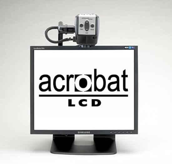 A monitor with a mounted camera displays the message Acrobat LCD in bold letters.