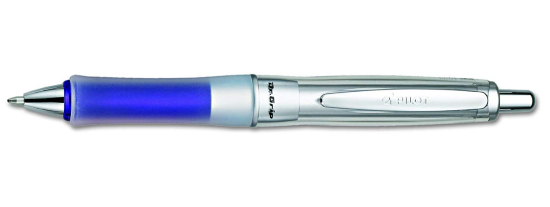 A chrome ball point pen with a rubber ergonomic grip.