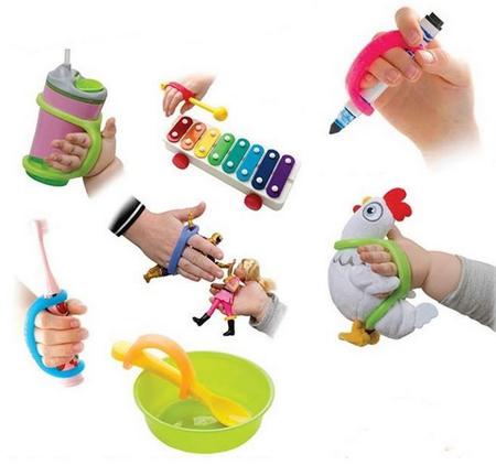 Multiple examples of EasyHold in use including with a sippy cup, a marker, a plush rooster, toy figures, a toothbrush, a spoon and a xylophone mallet.