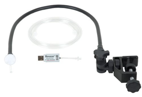 A small sensor with USB connector, a coiled length of tubing, and a gooseneck tube attached to a clamp.