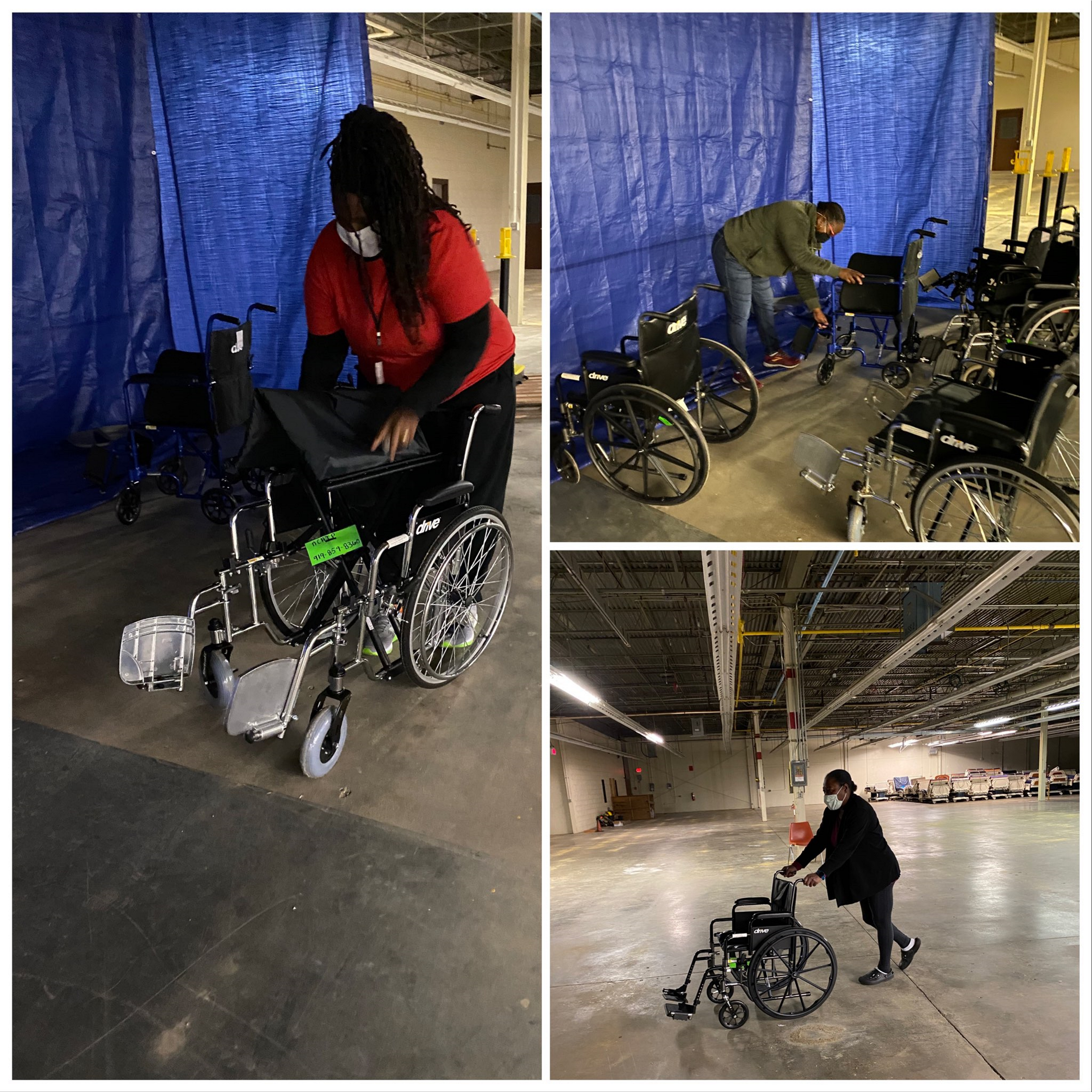 Three images of manual wheelchairs being delivered and set up in a large warehouse environment by Black women wearing masks.