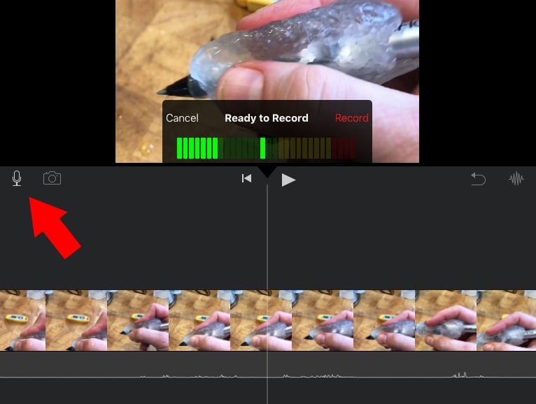 Shows video timeline and above are icons for adding voiceover audio (a mic), photos (a camera), and additional controls. A "ready to record" window is open centered above the controls showing audio feedback bars and options to cancel or record.