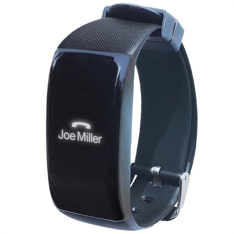 Sleek watch with digital display showing handset icon and the caller's name, Joe Miller.