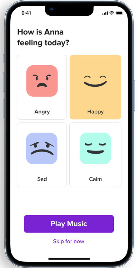 An iPhone displays a Vera app page that asks How is Anna feeling today? And has "happy" selected from four options including angry, sad, and calm. Two buttons below read Play Music or Skip for now.