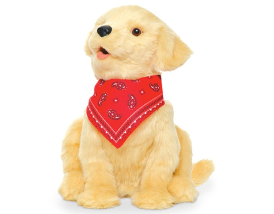 A toy golden retriever puppy with red bandanna.