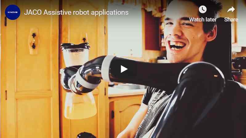YouTube screen shot shows smiling man with robotic arm holding a water bottle in front of him.