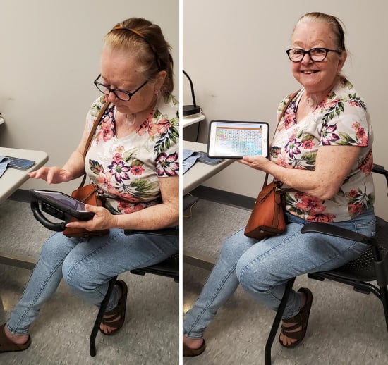 Two images of a woman seated at a desk holding a tablet computer. On the left she is gesturing toward the screen with her index finder; on the right she is holding the display up for the photo and smiling.
