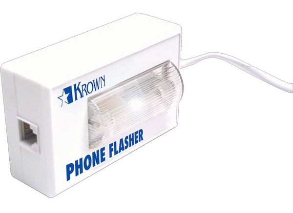 A corded plastic box with strobe light and phone jack with words Krown Phone Flasher