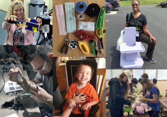 A collage of 6 images showing AT makers and hackers. First row: a woman smiling and holding up her low-tech creations, a group of numbered tools and materials, a woman kneeling smiling with her fabricated pediatric seat. Bottom row: a man soldering, a smiling young boy in a cardboard seat, a group of teens hacking plush toys.