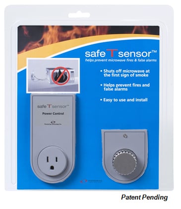 A device with a plug and separate knob. Text reads: helps prevent microwave fires and false alarms. Shuts off microwave at the first sign of smoke. Helps prevent fires and false alarms. Easy to use and install.
