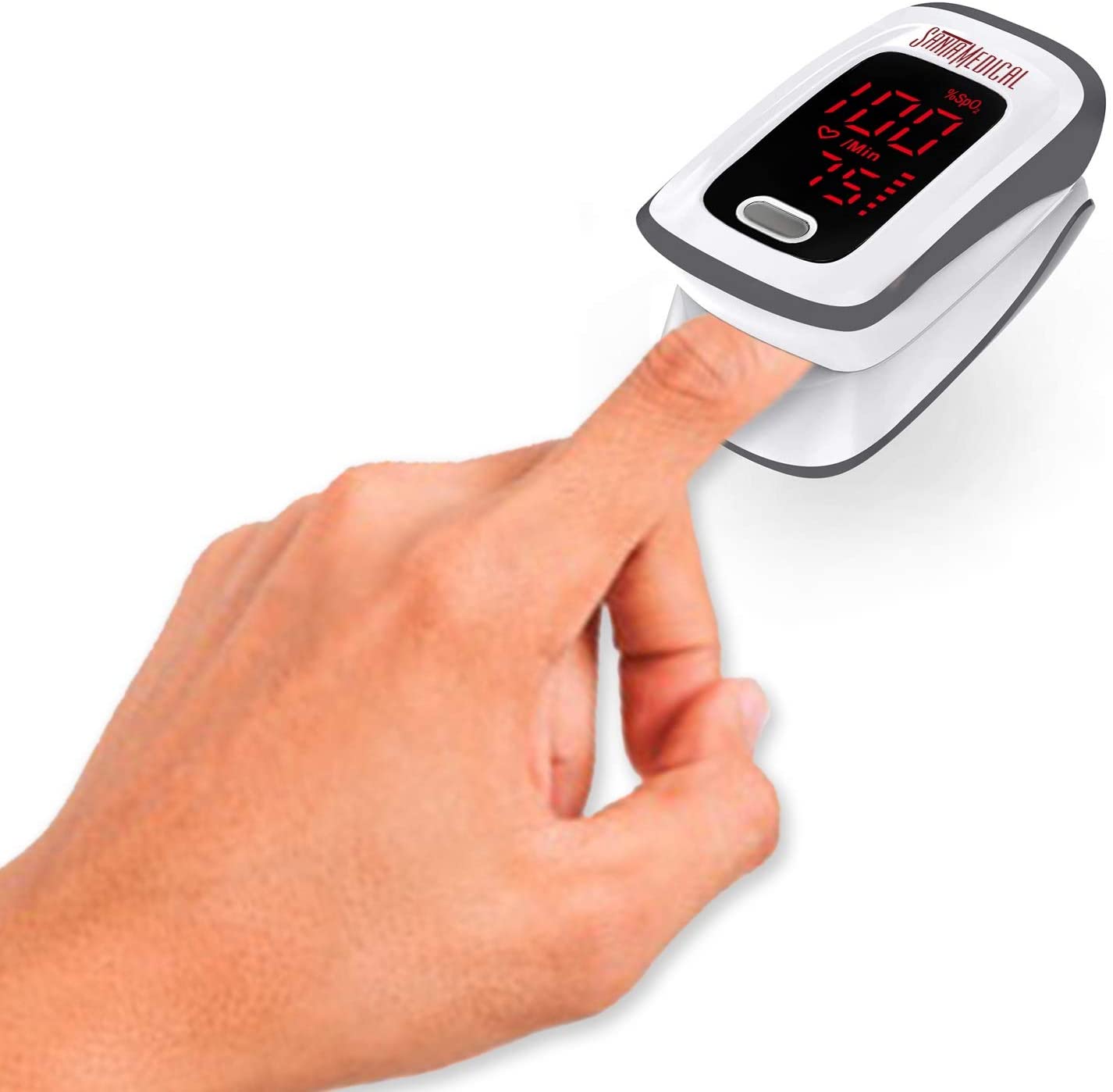 A hand with its forefinger resting in a pulse oximeter with an LED display.