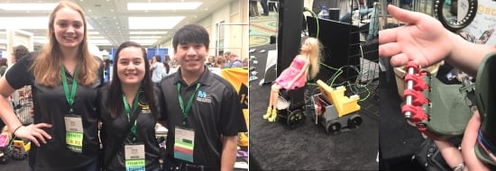 Left: smiling high schools students with linked arms for a picture: two girl and one boy. Middle: a miniature power wheel chair model with a seated Barbie. Right: 3D printed hand components.