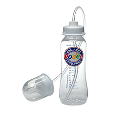 A baby bottle with a long flexible straw that attaches to a nipple. Bottle says it's BPA-free and Lead-free