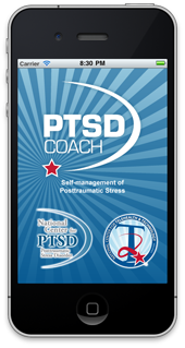 The front page of the PTSD Coach app displayed on an iPhone