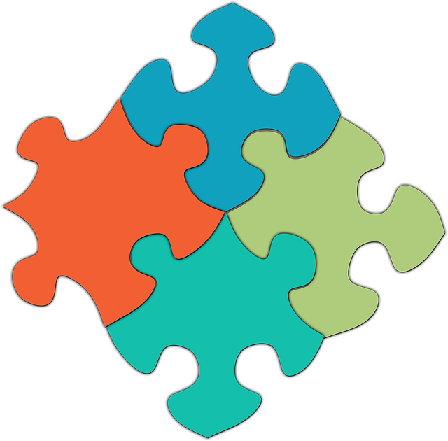 Four interlocking puzzle pieces