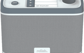 A simply styled digital radio with the word "relish" on the speaker.