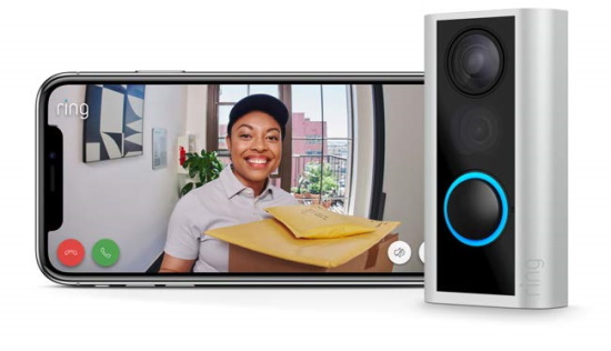 Shows a device with a camera and lit button with a smartphone displaying a package delivery woman smiling.