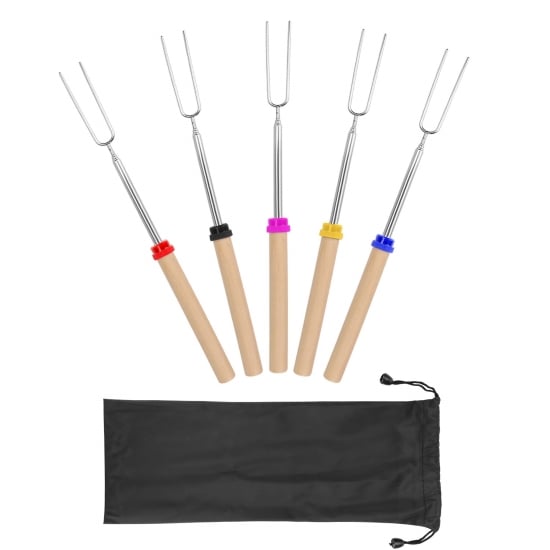 Five retracted roasting sticks with forks and wooden handles, each with a different color collar.