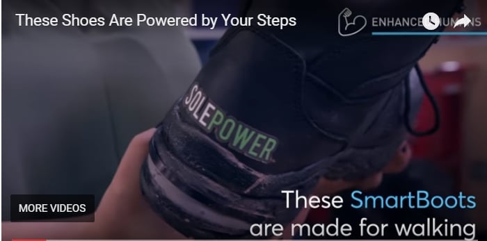 Video screenshot shows heal of SolePower boot and the words These shoes are powered by your steps. These Smart Boots are made for walking.