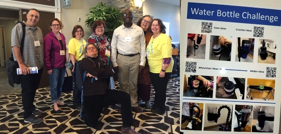 Two photos: a group shot of men and women standing and smiling for the camera in a hotel lobby, one is kneeling in front on one knee comically. 2) a poster shows different mounting and holding solutions for cups and water bottles, also QR codes.