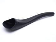 A plastic spoon shaped like a hollow horn with a narrow end and wider open end.