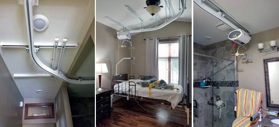 Three images of ceiling mounted lift system: hallway, bedroom, and bathroom.