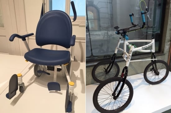 Deux images : 1) un fauteuil roulant de transport doté de caractéristiques ergonomiques pour les utilisateurs et les soignants et 2) une aide à la mobilité tout-terrain avec trois grandes roues et des poignées de bicyclette avec frein. Le nom d'AFARI Mobility Technologies est imprimé sur le tube.
