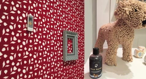 two pictures showing 1) red floral patterned velcro wallpaper with a calculator and a picture frame affixed and 2) a bottle of Dirty Dog Dirt Soap beside a stuffed dog toy for washing.