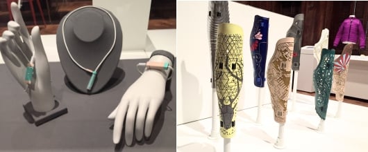 Two museum displays: one of loop jewelry worn on wrist and neck. The other of textured, colorful, stylized prosthetic leg covers