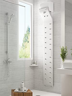 A long flat plastic panel with air-jet holes in two columns mounted to the wall of a shower.