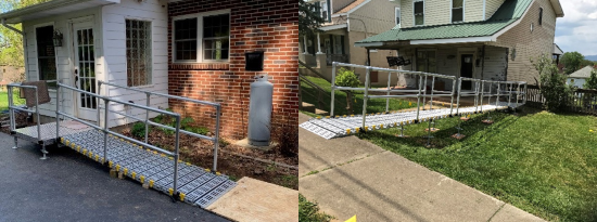 Left: a portable ramp with side rails leads from pavement to a metal platform before a home's entrance. Right: a long portable ramp with side rails acts as a bridge from a sidewalk to porch over grass.
