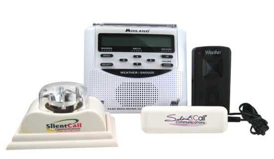 Midland weather radio and alert system shows four devices, two are labeled SilentCall Communications, one is a conventional weather, another is an external speaker.